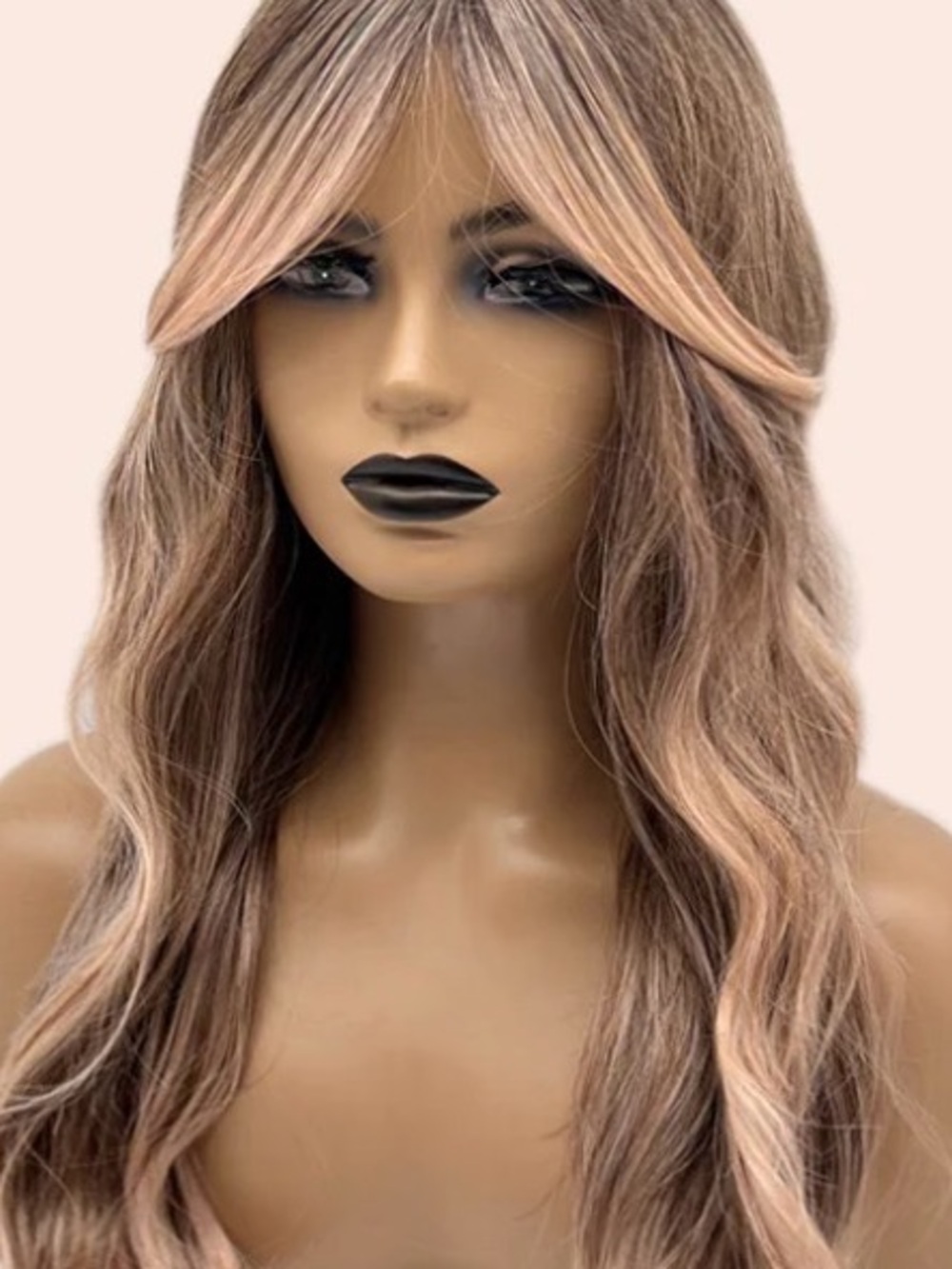 Long Wavy Women’s Wig with Curtain Bangs in Rose Gold Blonde